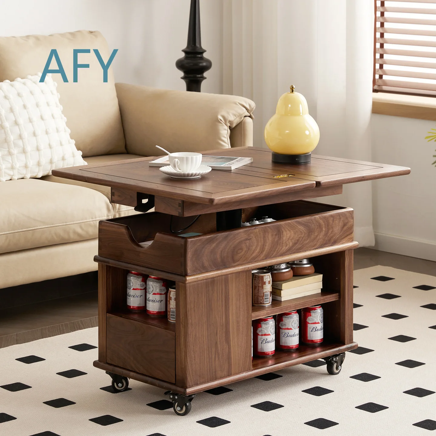 Black Walnut Foldable Mobile Side Table for Living Room Mid Century Modern Adjustable Solid Wood Coffee Table Small Table for