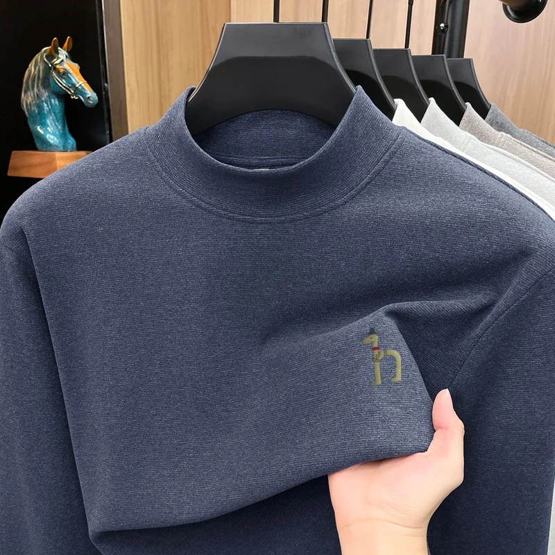 Fashion Trend Men's Printed T-Shirt Autumn Keep Warm Original Casual Mock Neck Long Sleeve Top Base Layer Casual Men's Clothing