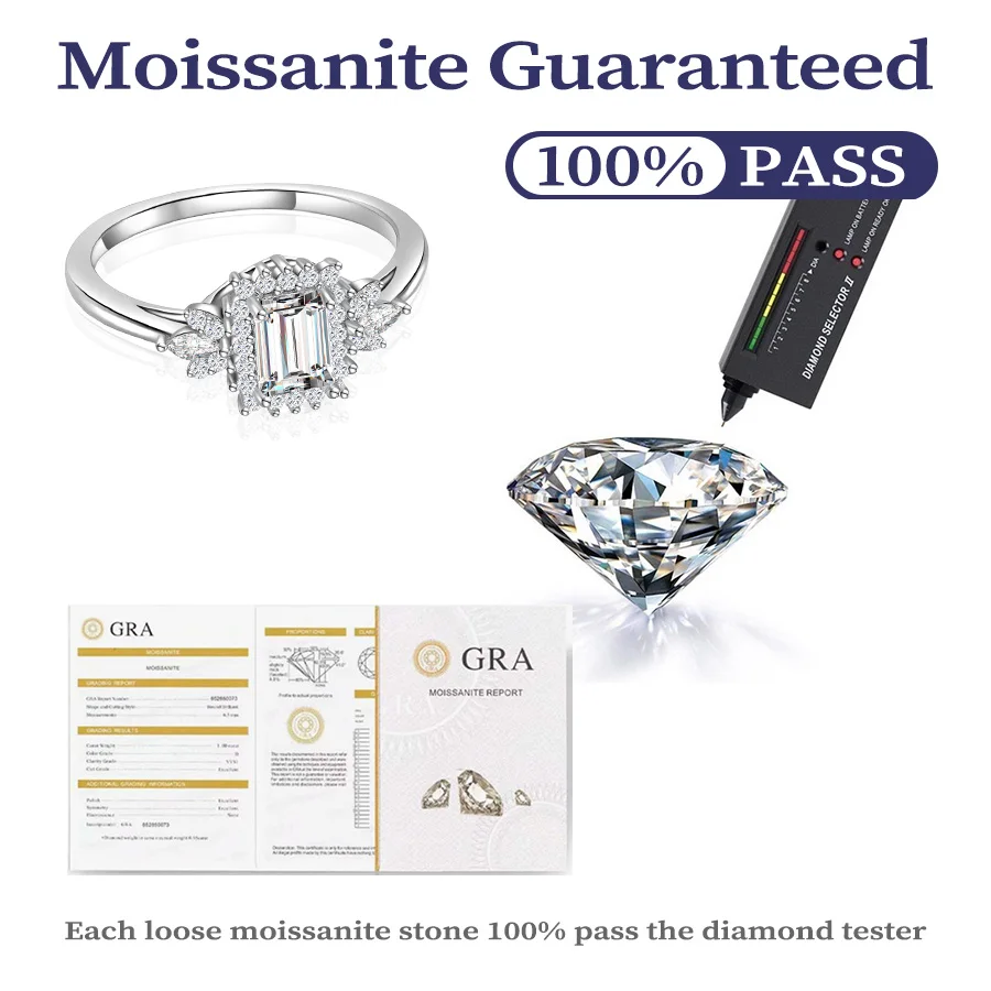 แหวนเงินแท้ 925 ได้รับการรับรอง GRA Moissanite แหวนมรกตตัดพลอยดอกไม้งานแต่งงานแหวนหมั้น