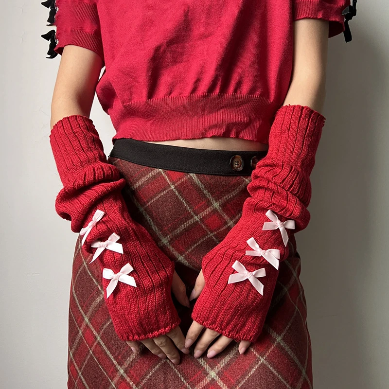 Copribraccio rosso lavorato a maglia Hip-Hop maniche lunghe senza dita Decorazione gomito elastico Guanti con foro per il pollice Adolescenti Cosplay