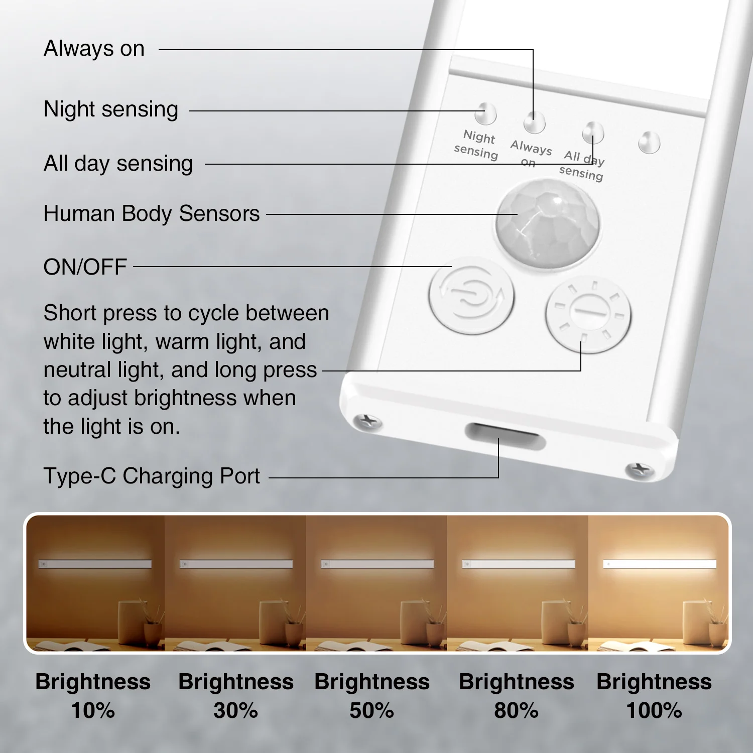 1 pc under cabinet kitchen light, motion sensor rechargeable wireless LED operation 3 colors white light, natural light 7.87in