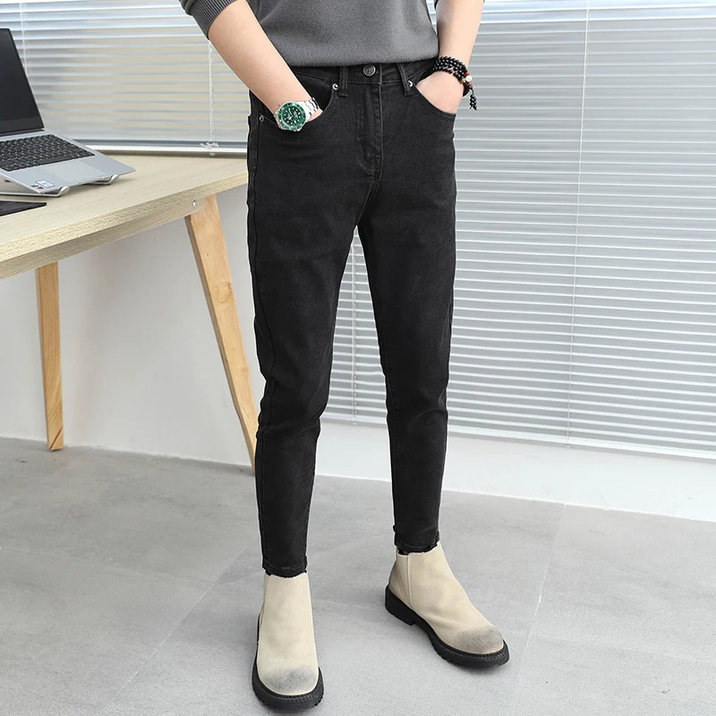 Trendy Slim Fit Men's Jeans Korean Style Nine Points Black Autumn Versatile Spirit Boy mid Low Waist  Denim Casual Fashion