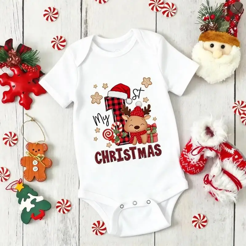 My First Christmas Newborn Baby Short Sleeve Romper Cartoon Christmas Deer Printed Infant Bodysuit Xmas Gifts