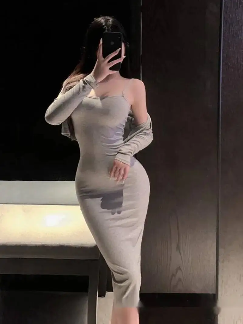 Seksowna, delikatna domownica, sukienka bodycon z głębokim dekoltem i wycięciami, elegancka, seksowna, w stylu czystej pożądania, gorące, seksowne koreańskie topy damskie BFI8