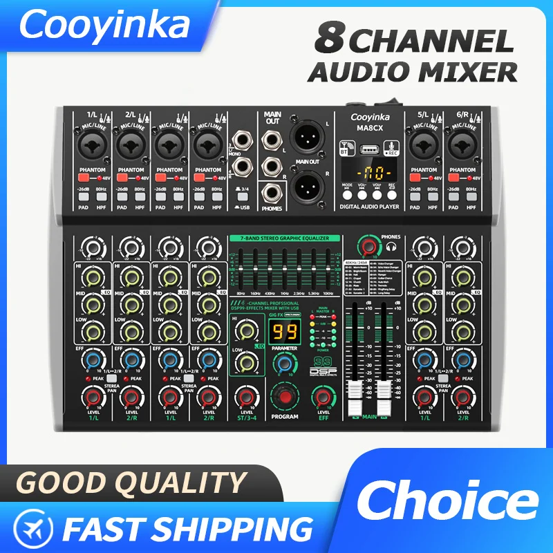 8 Channel Mixing Console 48V 99 DSP Effect Bluetooth Lomeho Audio DJ Mixer USB PC Play Record Podcast Sound Table