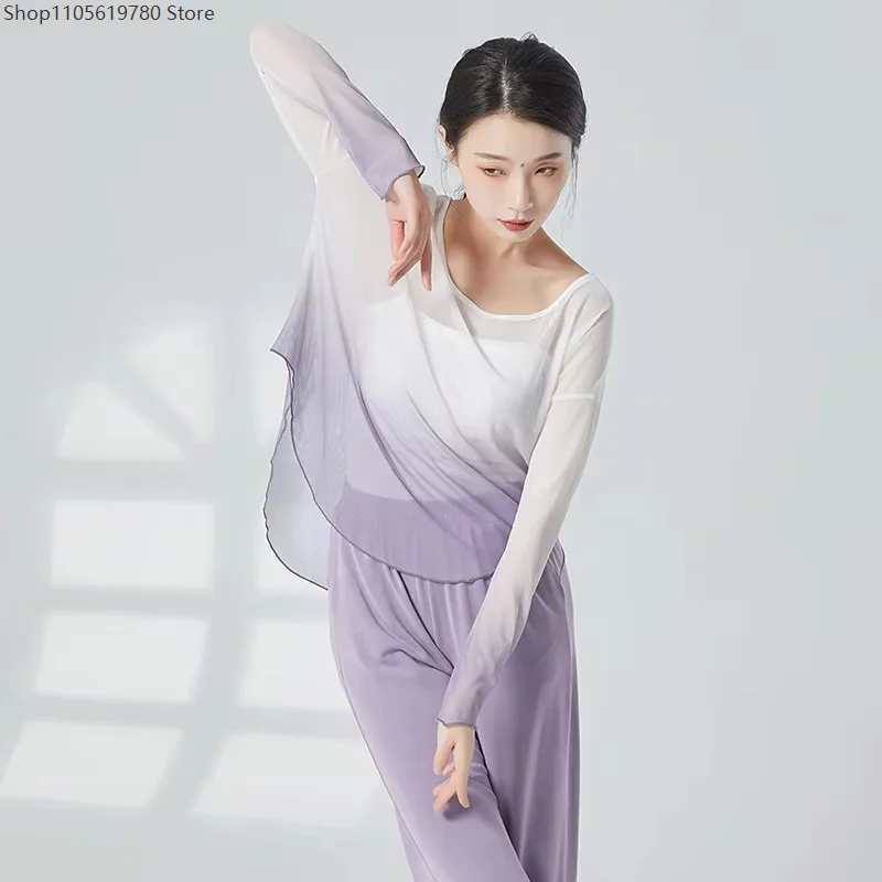Women Gradient Chiffon Elegant Classical Dance Tops Loose Modern Yoga Performance Blouse Stage Dancing Wear Cosplay Costume 2026