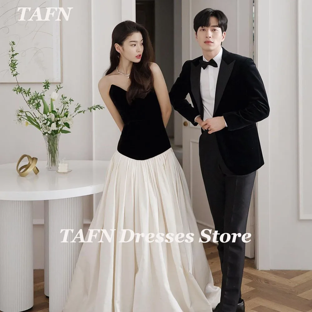 

TAFN Contrast Color Wedding Reception Dresses 웨딩촬영드레스 Strapless A-line Draped Sweep Train Photo Shoot Dresses for Bride