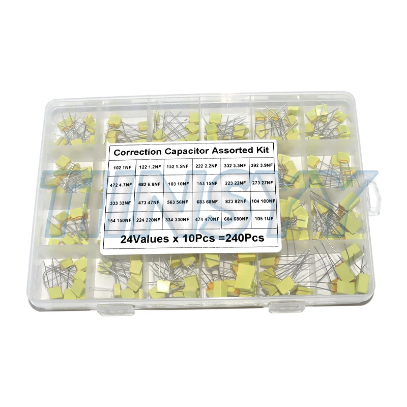 240Pcs Correction Capacitor Assorted Kit 24Values x 10Pcs 100V 102J-105J Polypropylene Safety Plastic Film Capacitors Set
