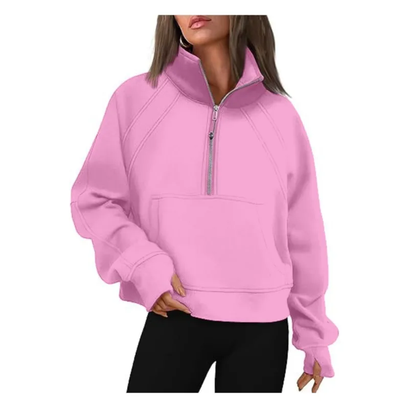 Sudadera corta con media cremallera y cuello levantado para mujer, jersey de poliéster con bolsillos, Ropa de calle femenina, Ropa de Invierno