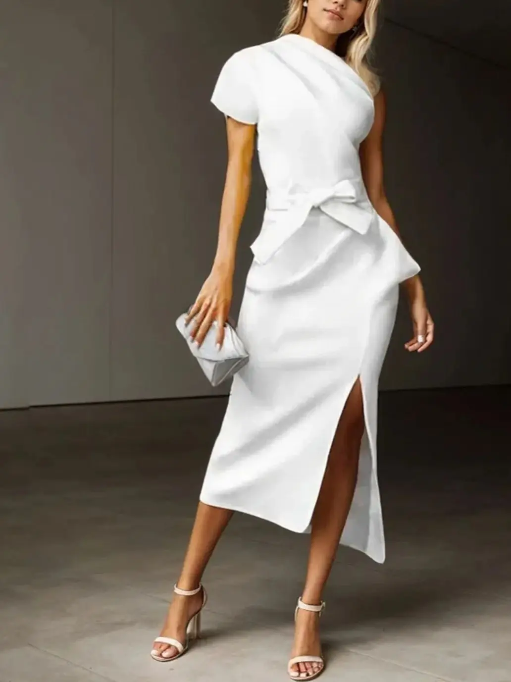 

Elegant Sheath Wedding Guest Dress One Shoulder Short Sleeve Slit Bow Ankle Length Stretch Fabric Prom Gown 2025 Free Customized