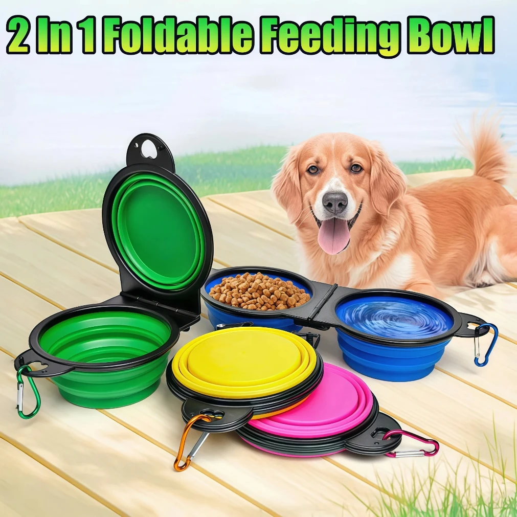 Tigela dobrável 2 em 1 para viagem de cachorro, tigelas duplas, tigela dobrável para comida e água, portátil, pendurável, alimentador para cães ao ar livre, produto