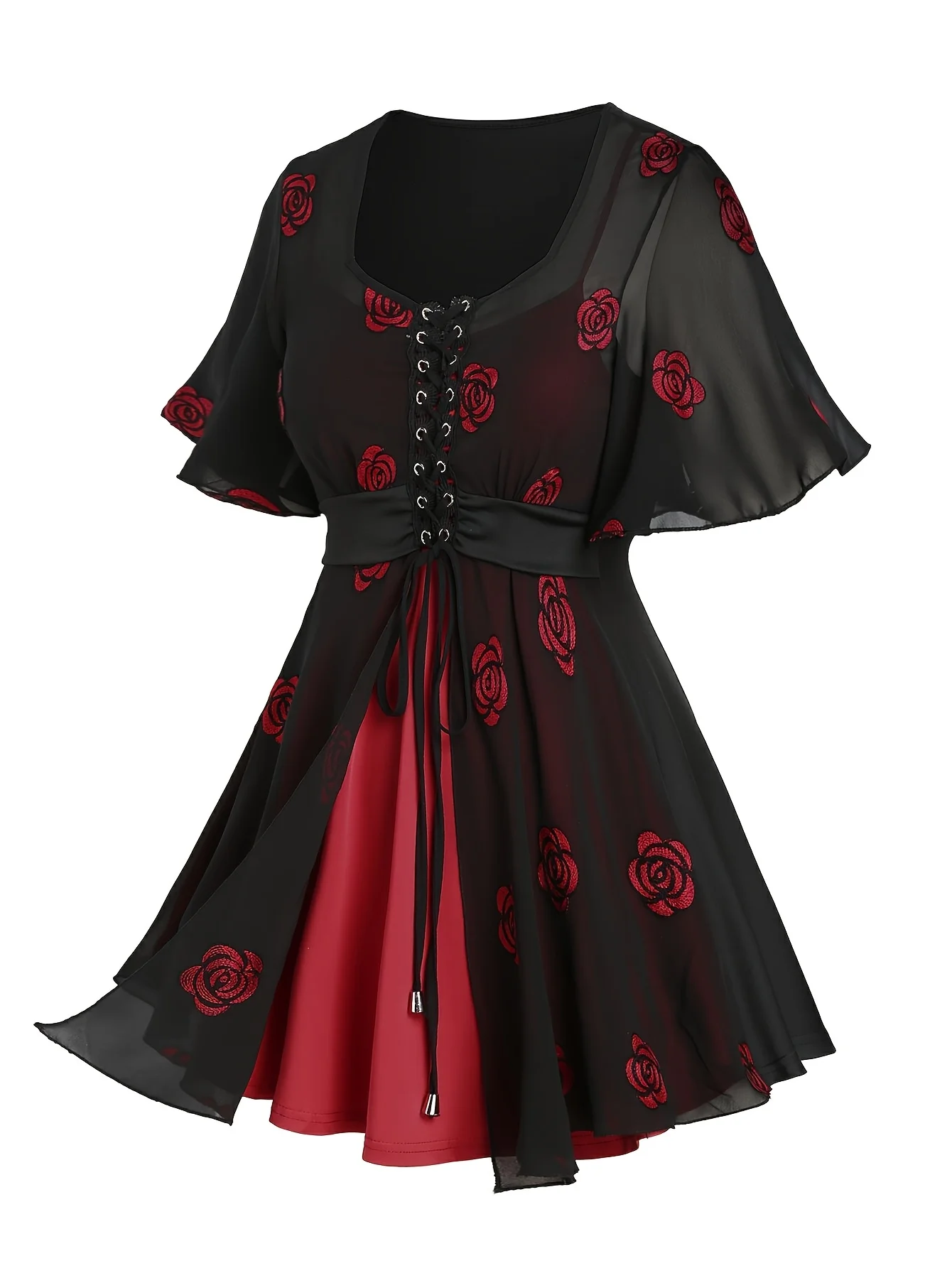 

Gothic-style black and red contrast rose-printed women's top, body-shaping, slimming, bell-sleeve, waist-cinching top