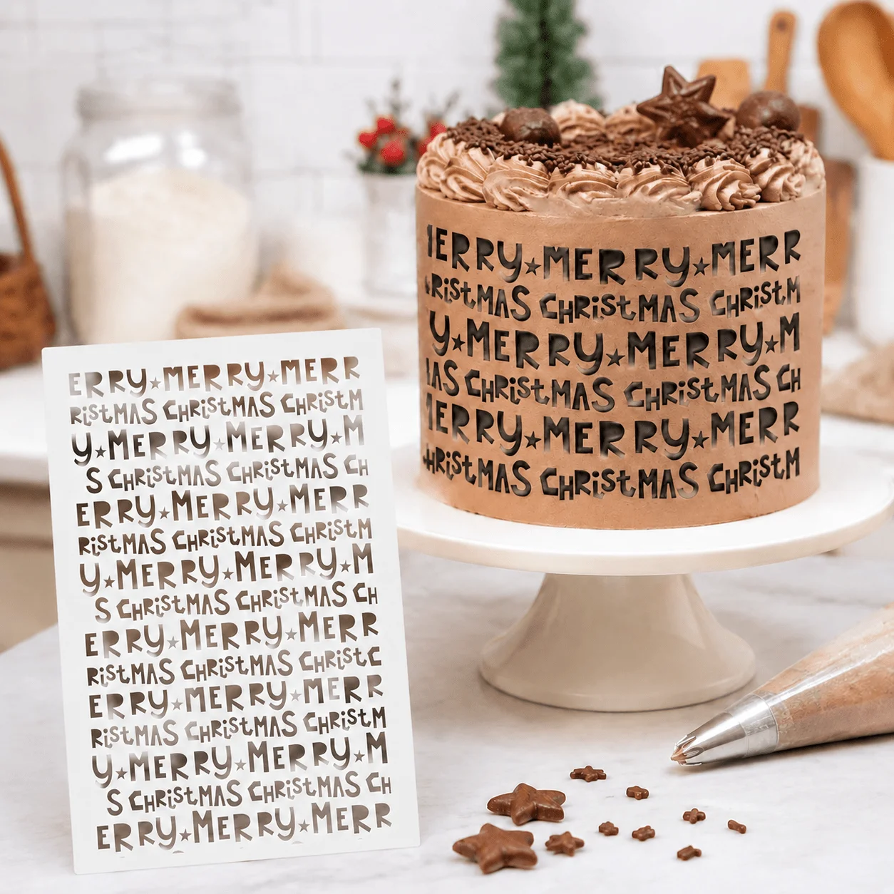 Christmas Gingerbread‑Man Stencil, PET powder‑dusting template, ideal for holiday cake and cookie DIY decoration