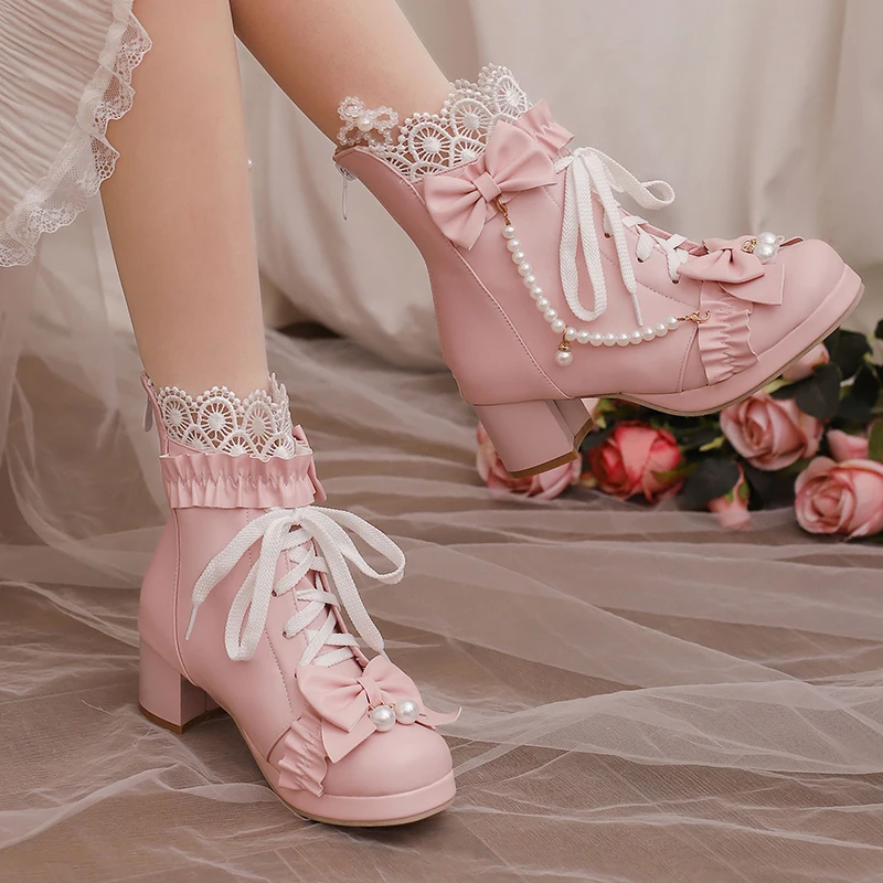 Womens Sweet Lolita Pink Ankle Boots with Lace Trim, Pearl Bow Detail, Lace-Up Front and Back Zipper Chunky Heels