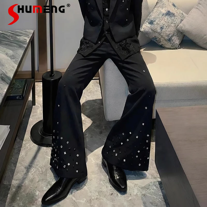 

Men's 2026 Spring Fashion Rhinestone Design Micro Flared Pants Light Luxury Handsome Unique Trousers Loose Comfort Trendy Pants