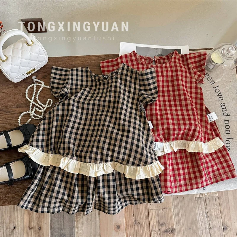 

Girls' Flying Sleeve Red Plaid Suit Summer New Children Wide-Leg Pants Two-Piece Suit Fashion