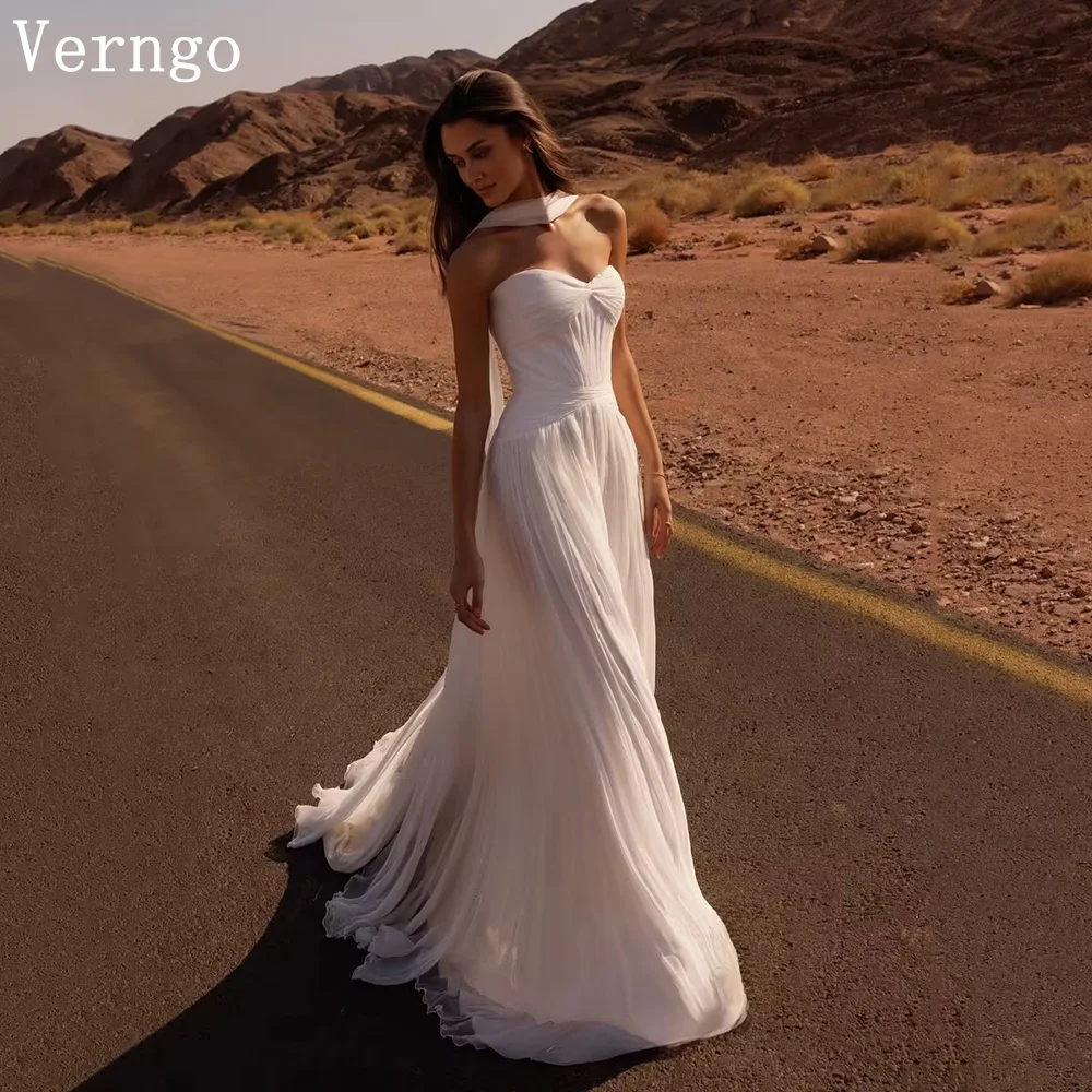 Verngo Modern Pleated Wedding Dress Strapless A Line Shawl Bridal Gowns Women Sweep Train Prom Bride Dress Customized