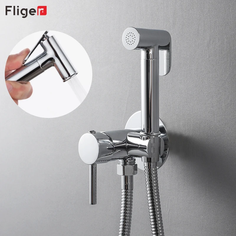 Imagem -02 - Fliger-brass Handheld Bidé Faucet para Banheiro Pulverizador Preto Chuveiro Higiênico Misturador de Água Quente e Fria