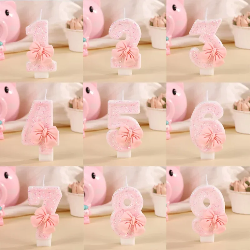 Niedliche rosa Schleifen-3D-Zahlen-Kuchenkerzen für Geburtstagsfeier-Dekorationen, Geburtstagsdekoration, Kuchendekorationswerkzeuge, Geschenk