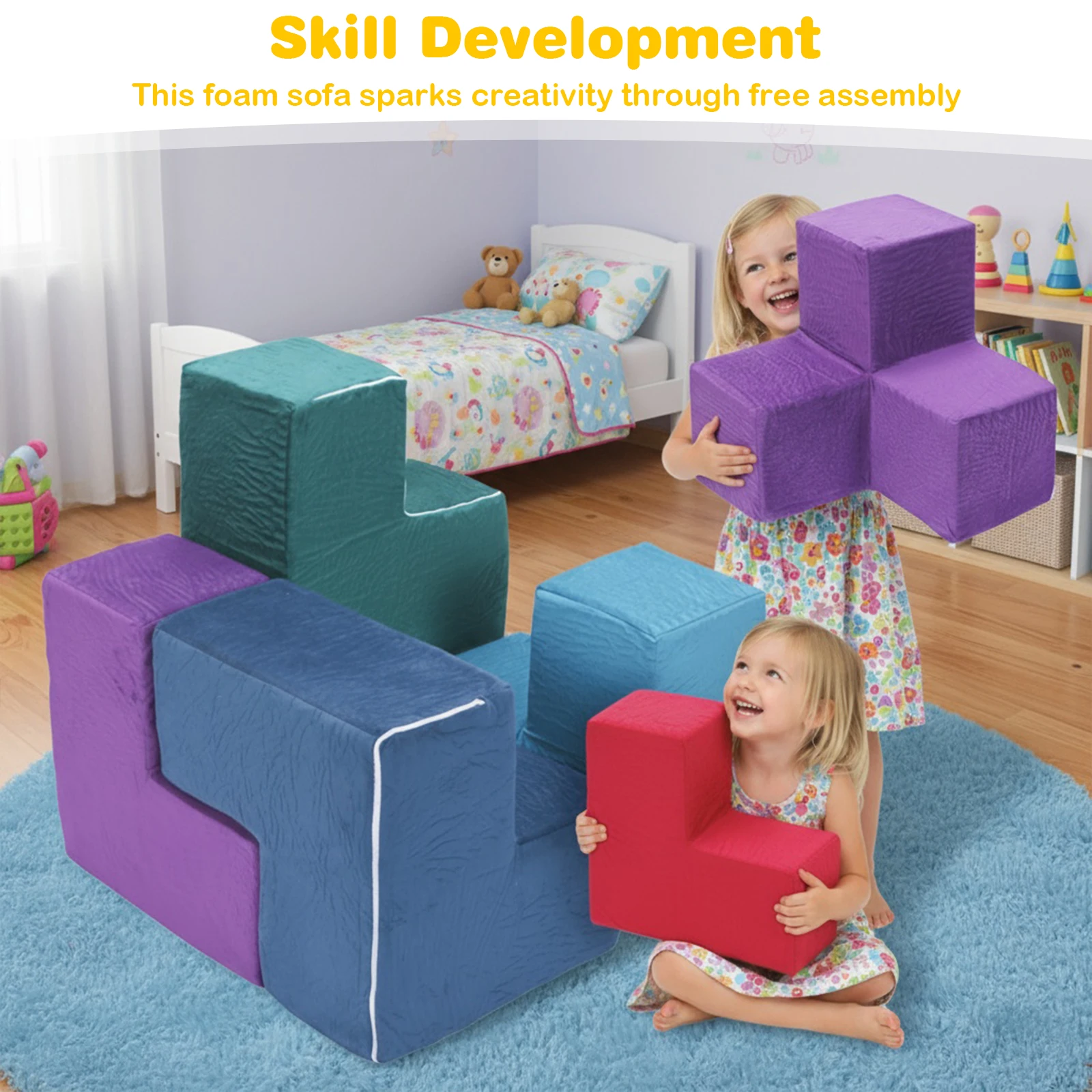 

7Pcs Brainy Building Blocks Washable Elastic Sponge Toddler Cushions Wear Resist for Kids Bedroom Playroom Furnitures