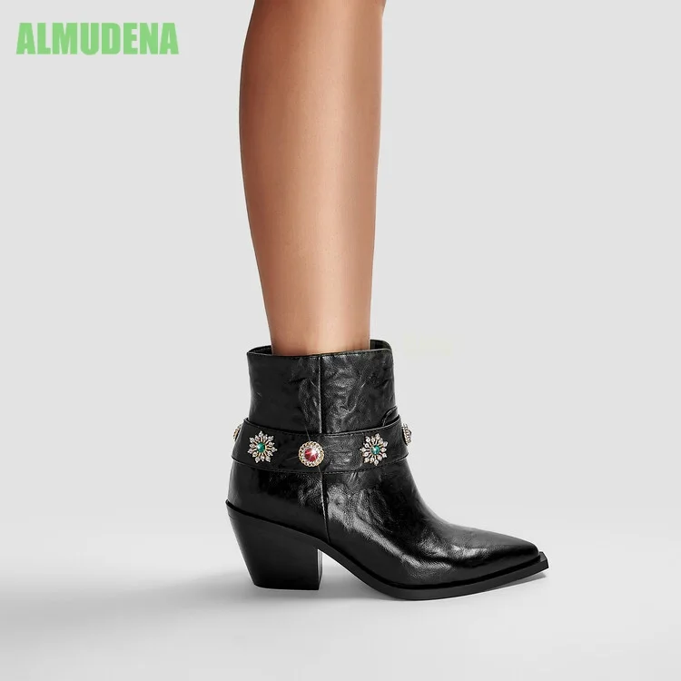 Women Retro Western Ankle Booties Pointed Toe Stacked Block Heel Crinkled Leather Gem Ornament Belt Side Zipper Trendy Footwear