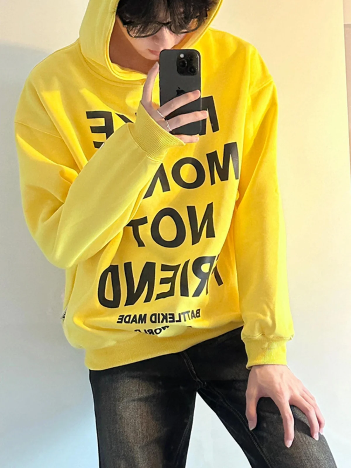 

Yellow Letter Print Hoodie Men's Spring Autumn High-End American Trendy Heavyweight Overhead Jaet Loose Fit Casual Wear