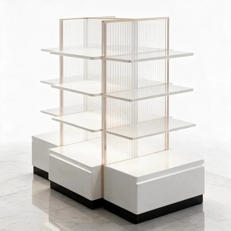 custom.Retail Store Display Shelving Unit LED Lightbox Header Marble Back Panel Dark Bronze Gold Frame Boutique Shop Fitting Fur