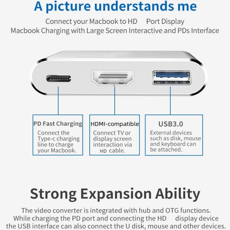 Station d'accueil USB 3.0 compatible USB Type-C vers HDMI, HUB 3 en 1, répartiteur d'adaptateur de charge 4K, USBC3.0