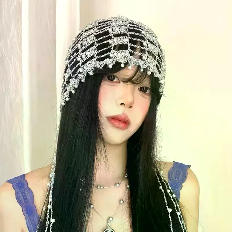Trendy Handmade Chain Beaded Design Hollow Pullover Hats For Women Summer Autumn Personality Versatile Retro Punk Niche Beanies