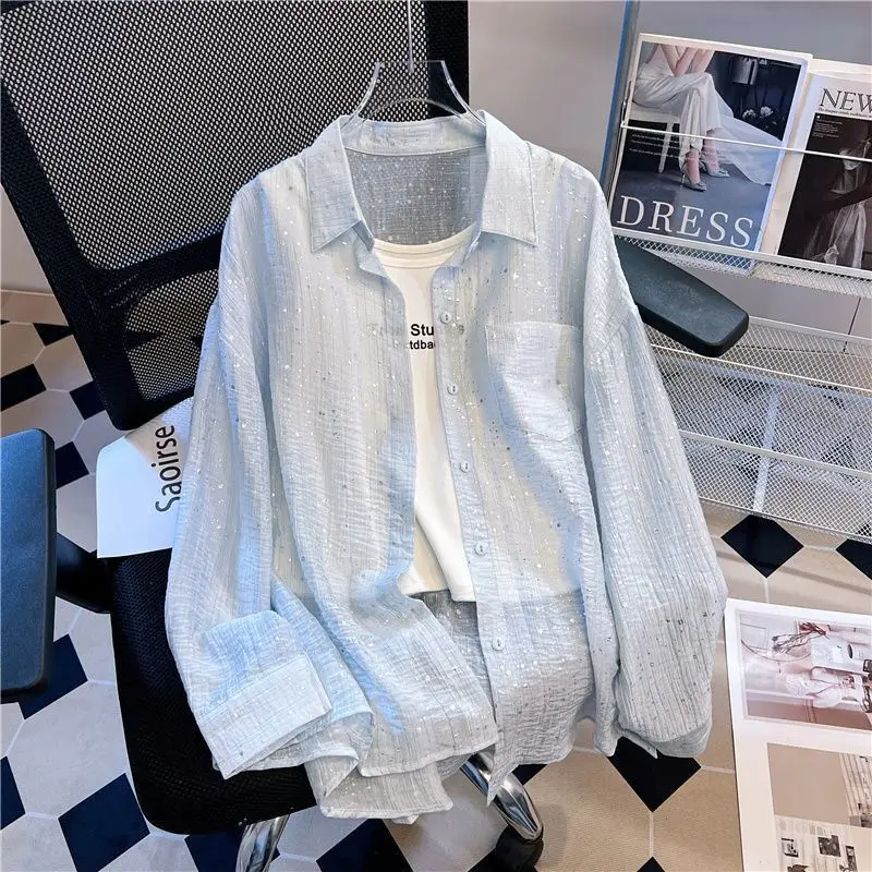 

Shirt Women Summer Sun-proof See Through Office Outerwear Chiffon Sequins Blouses Thin Button Lightweight Long-sleeved Shirt Tee