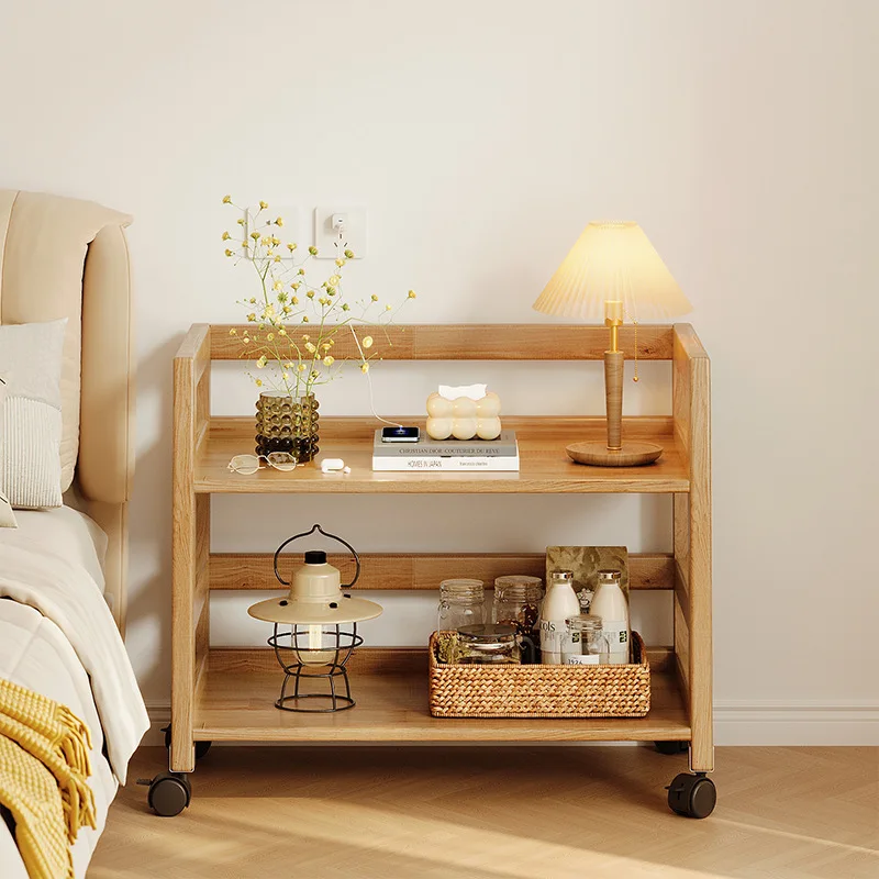 log-colored solid wood bedside table, shelf floor-to-ceiling multi-layer trolley by the living room, movable storage rack