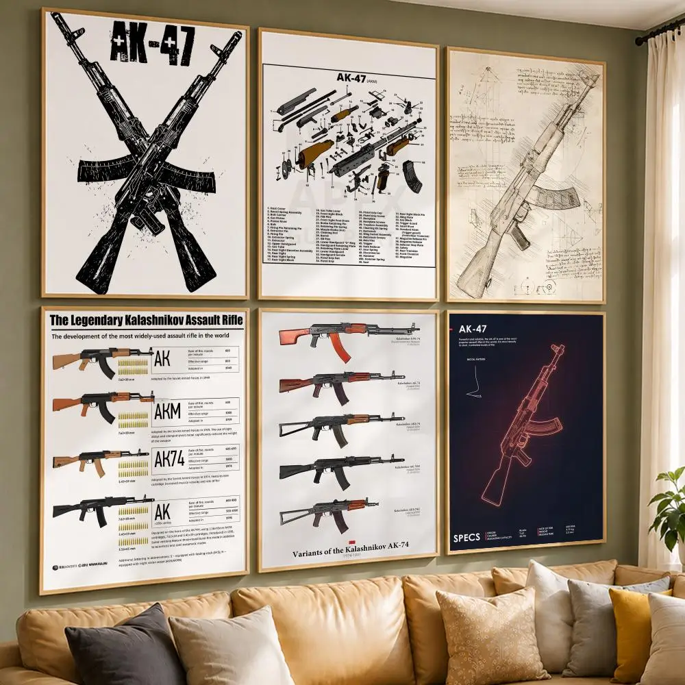 Classic Gun AK-47 Poster Vintage Retro Anime Poster Stickers Peel and Stick Wall Art Home Decor