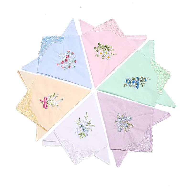 3Pcs 28x28cm Small Square 100% Cotton Thin Beautiful Handkerchiefs Women Portable Pocket Embroidered Lace Hankie Towel