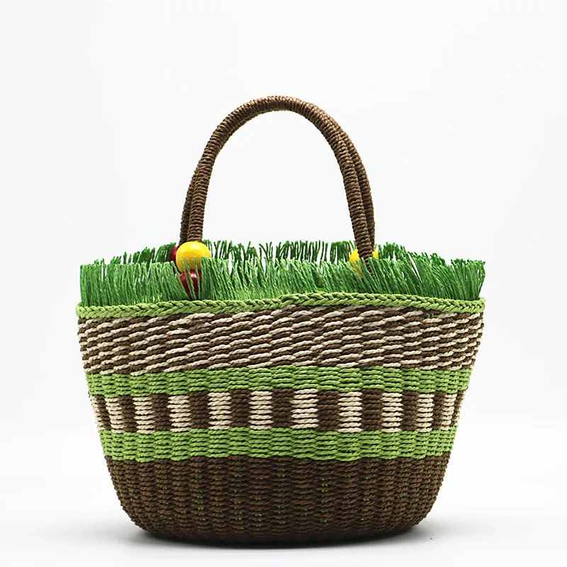 Cute colored wooden beads, portable straw bag, new twill loose edge woven bag, portable vegetable basket bag, women's bag