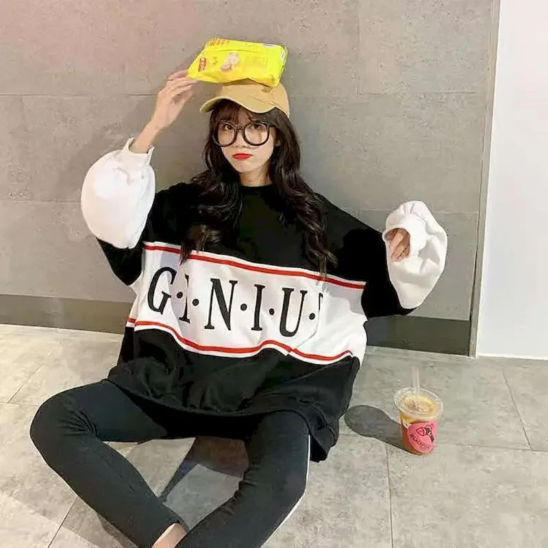 Casual Large Size Pullovers Women Autumn Winter Korean Loose Long Sleeve T Shirt Student Color Matching Plus Velvet Thick Coats