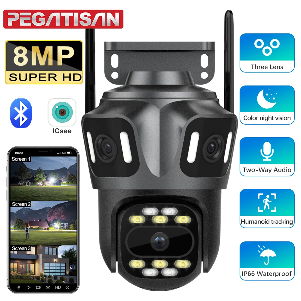 PEGATISAN 8MP 4K WIFI Überwachungskamera Auto Tracking Outdoor Drei Bildschirme 360 °   Video Drahtlose Sicherheit CCTV IP-Kameras ICSee