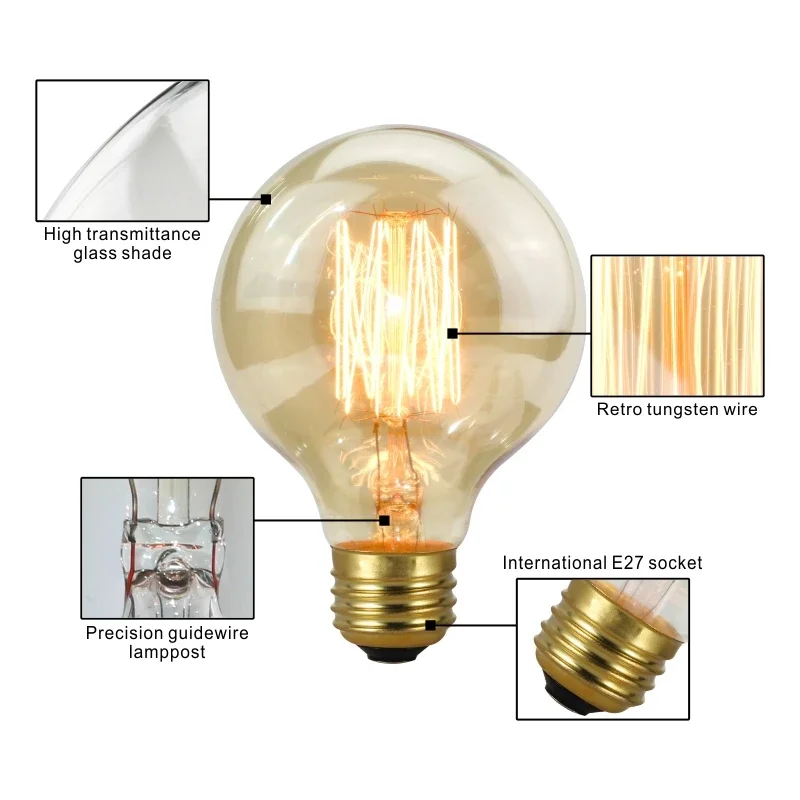 Retro Edison Lamp E27 220V 40W Gloeilamp A60 ST58 ST64 T10 T45 T185 G80 G95 Filament Vintage Ampul gloeilamp Spiraal Lamp