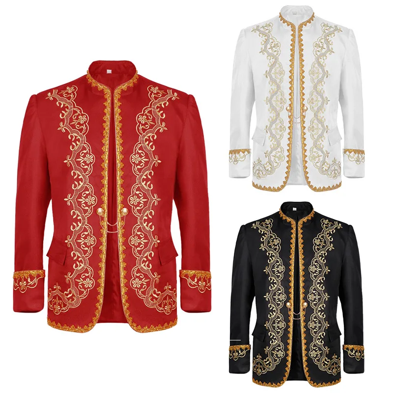 

Vintage Men's Medieval Jacket Coat Embroidery Zip Up Stand Collar Prince King Cosplay Costume Victorian Golden Jacket Top