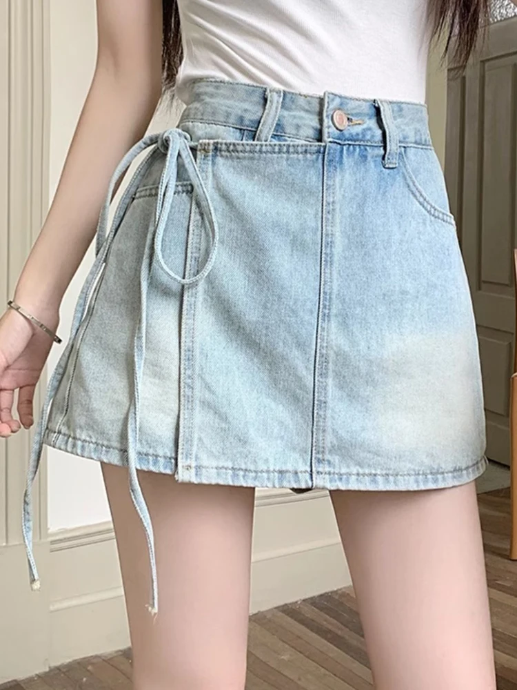 2024New Solid Color Strap Denim Short Skirt Women\'s Clothing Casual Versatile Summer Hip Skirts A-line Lining Asymmetric Fashion