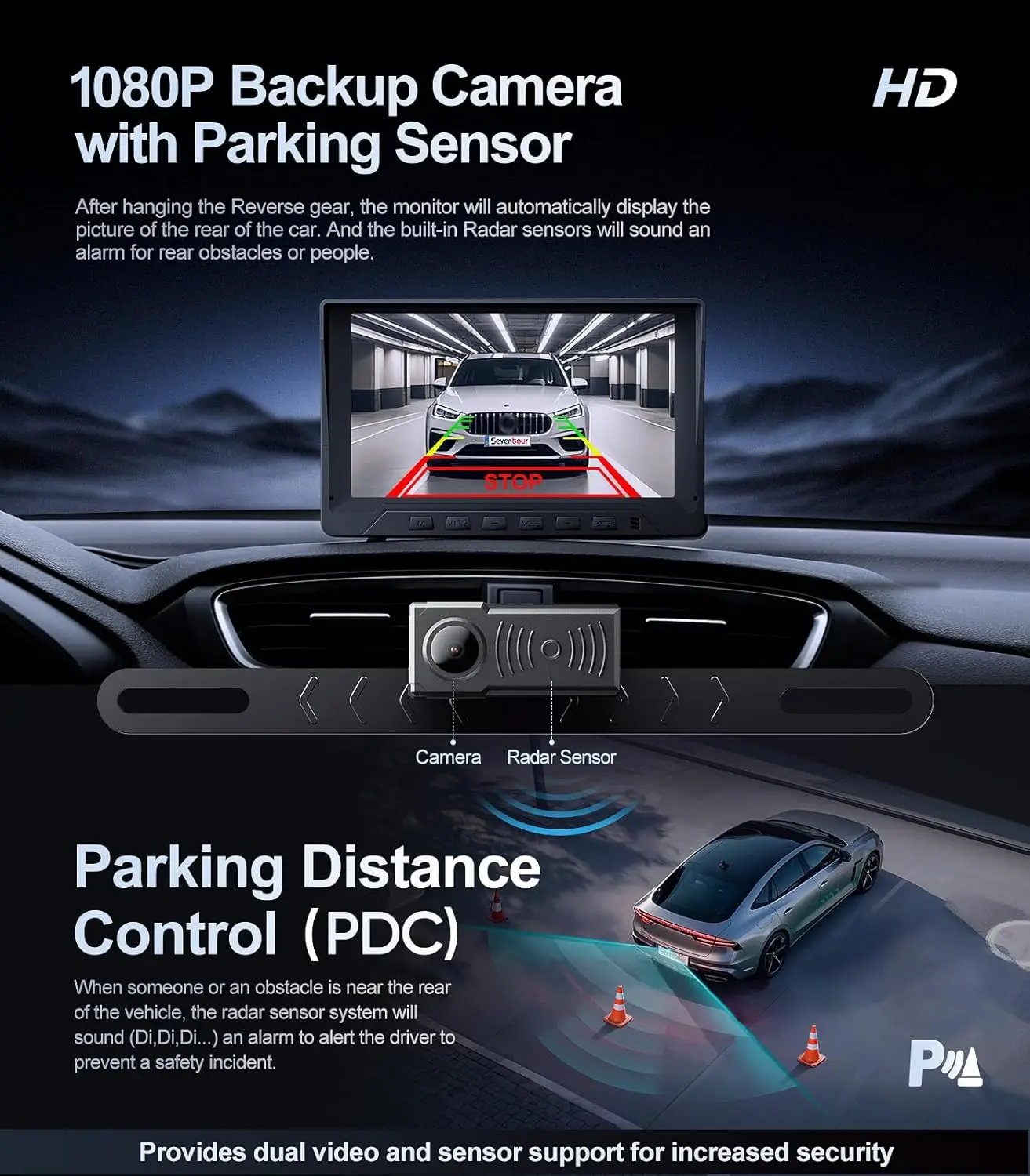 1080P Backup Camera with Backup Sensors Parking Distance , Back up Camera Waterproof Clear Night Vision Rear View Camera