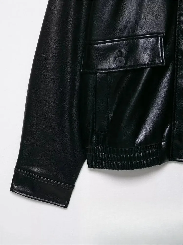 KONDALA Casual Chic Giacca in pelle nera Tasche da donna Manica lunga Cappotti con cerniera Moda 2025 Autunno Inverno Streetwear Outwears