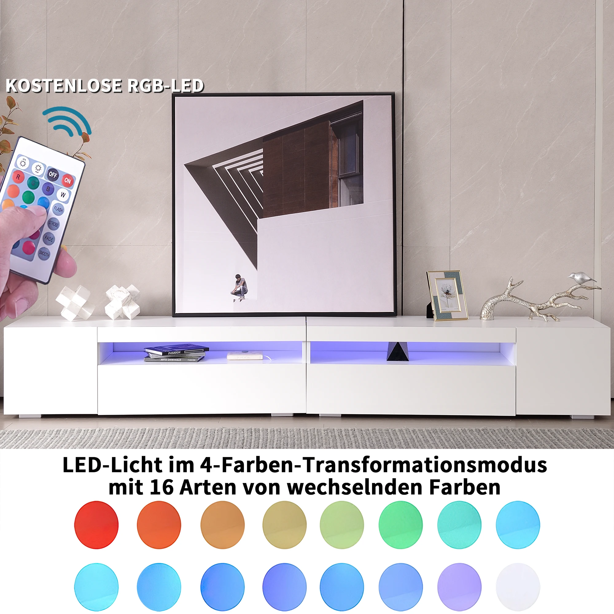 VSOGA White Modern TV Cabinet, Bright Panel, Variable LED Lighting, Living And Dining Room 240cm