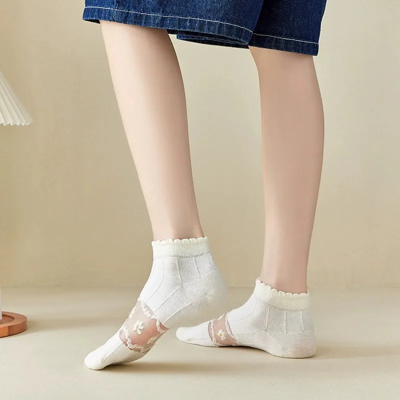 5/10 Pairs Women Flower Patterned Thin Boat Socks Fashionable Spring Summer Pleated Edge Mesh Breathable Sweet Style Casual Sock