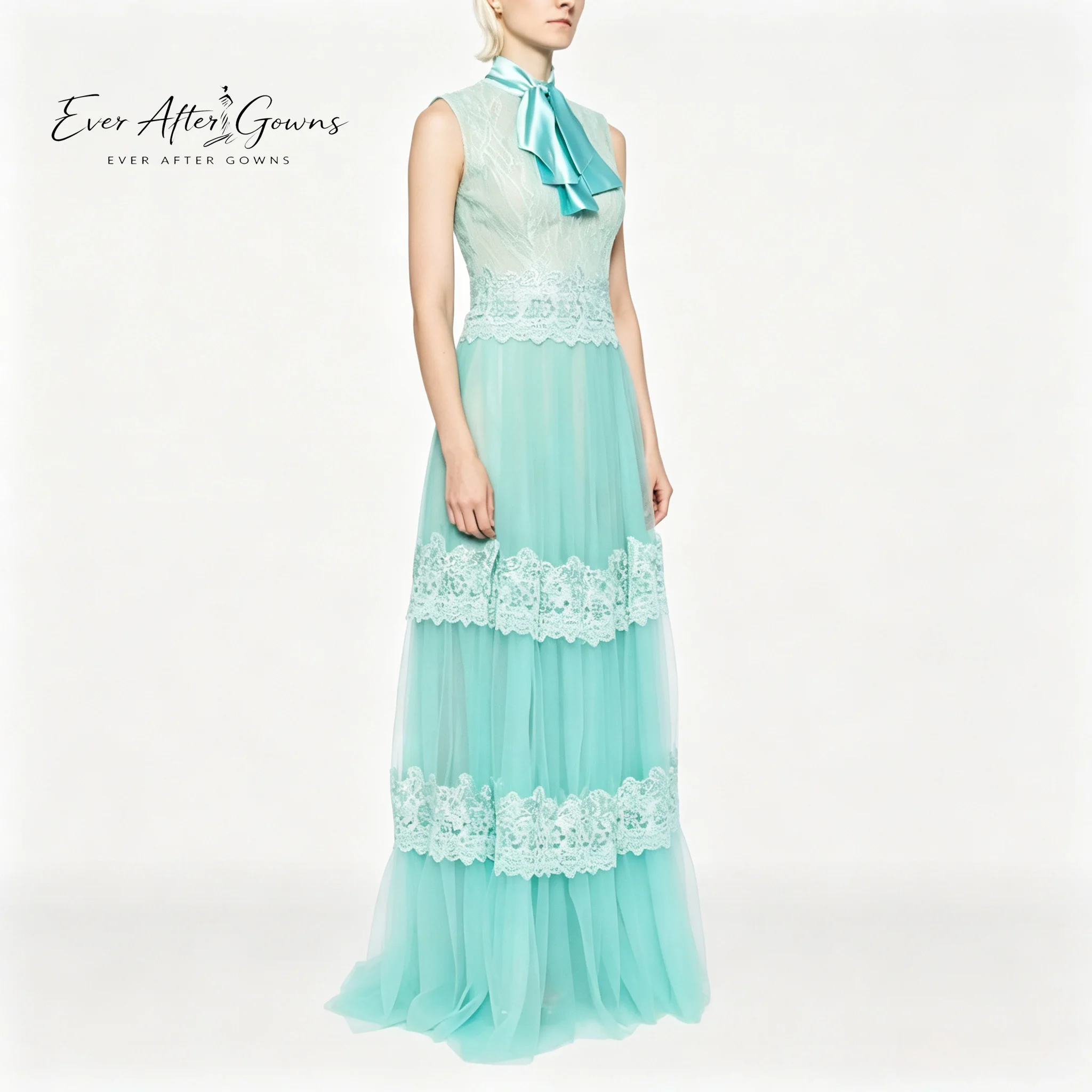 Ever After Gowns Sleeveless Mint Tulle Dress High Neck Satin Bow Multi-Layer Lace Tiered Wedding Guest Party Gown