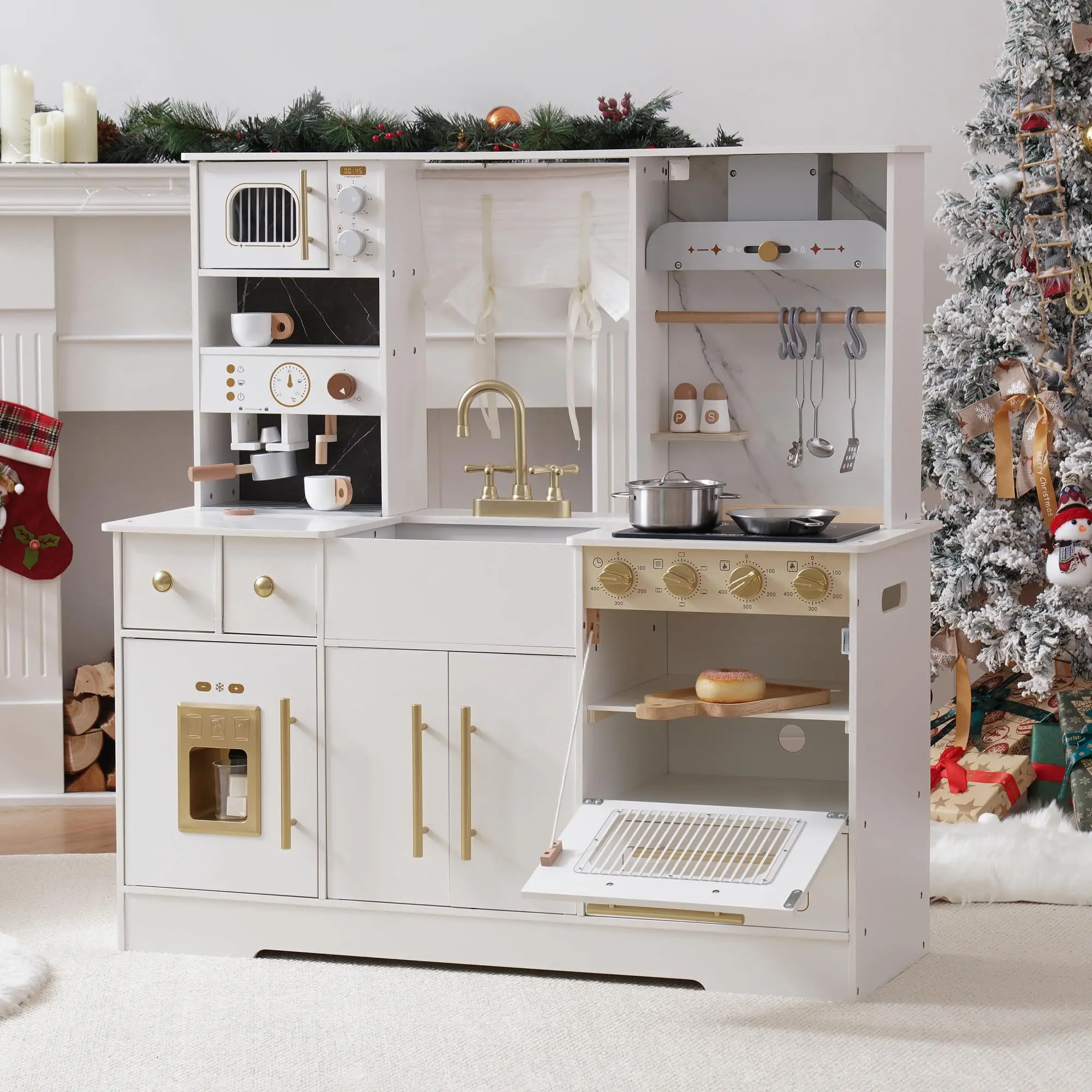 مجموعة ألعاب المطبخ الخشبية من روبوتيم مع ماكينة صنع الثلج وماكينة القهوة، مجموعة مطبخ واقعية هدية للأطفال الصغار
