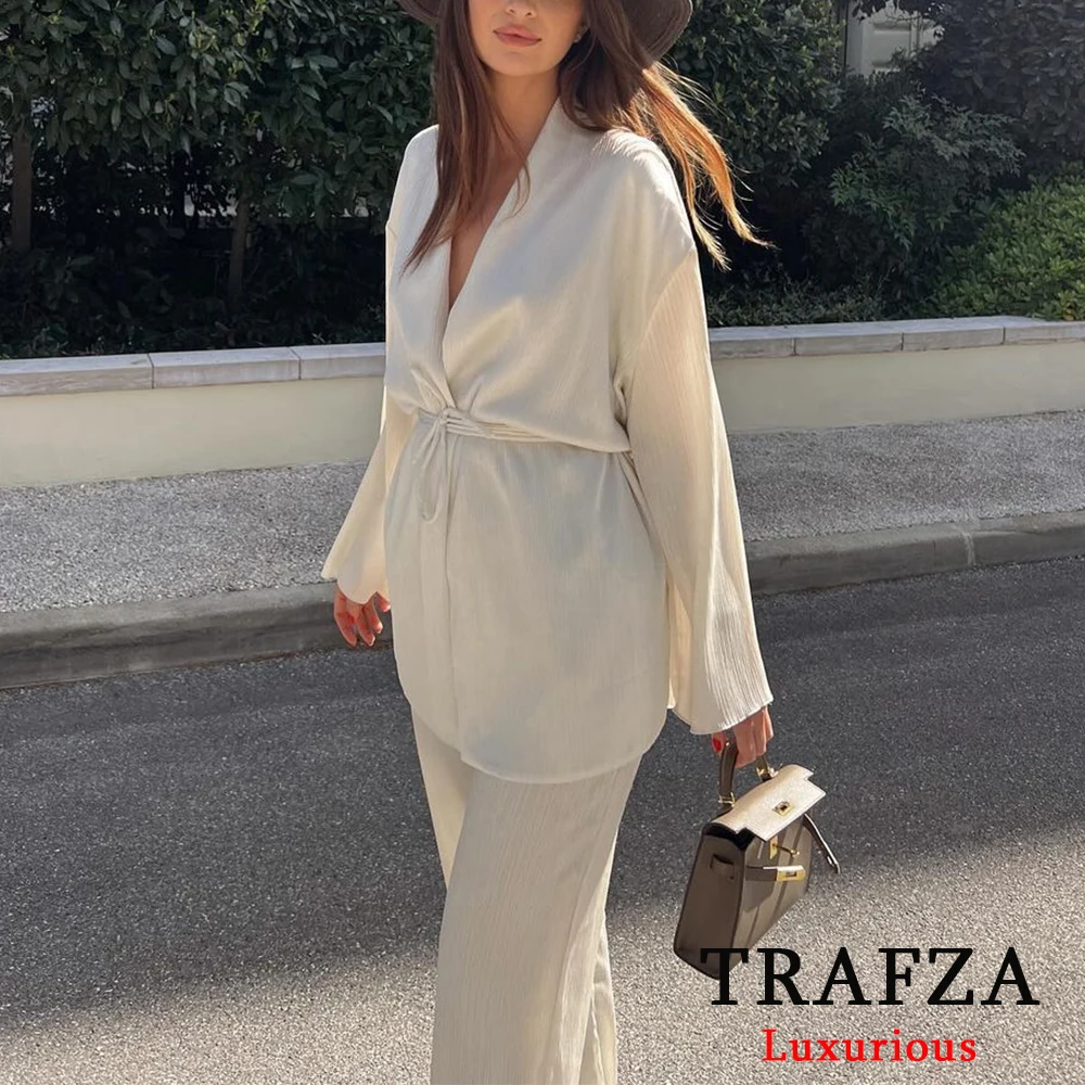 TRAFZA Casual Solid Satin Women Suits Long Sleeve Oversized Sashes Jackets+High Waist Wide Leg Pants Fashion 2024 Summer Sets