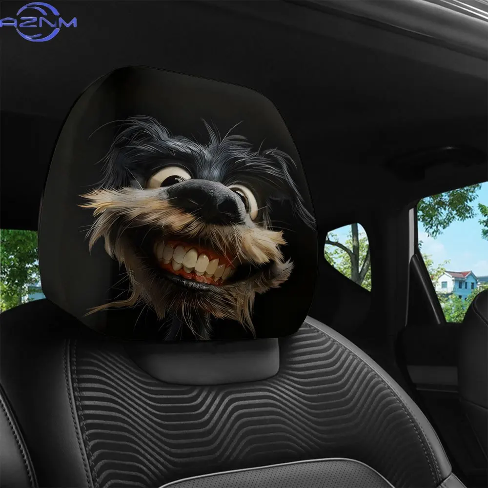 2pcs, Quirky Dog Head Printed Car Headrest Covers, Interior Decoration, Easy to Install And Washable, Car Interior Additions,