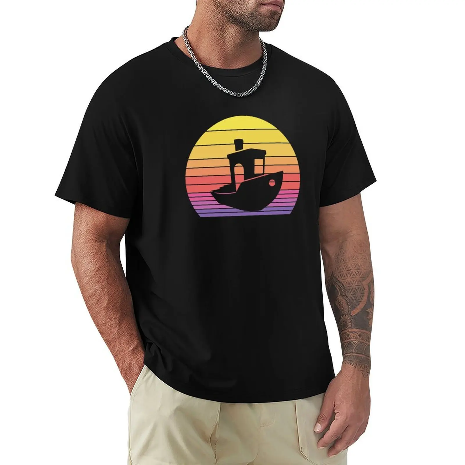 Distressed Vintage 3D printer benchy sunset for the maker quote T-Shirt Basic Solid Color Short Sleeve Cotton Top