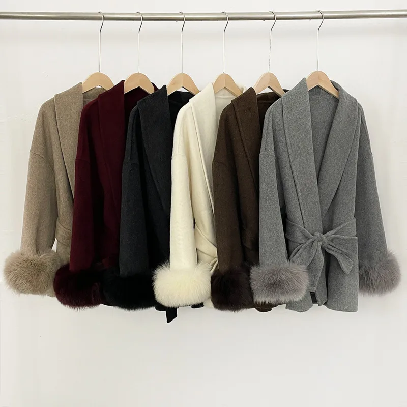 HUISONG Vossenbont Wollen Jas Dames Korte Jas Kantoor Dame Afneembare Elegante Dubbelzijdige Wollen Overjas 2025 Nieuwe Vest Jas