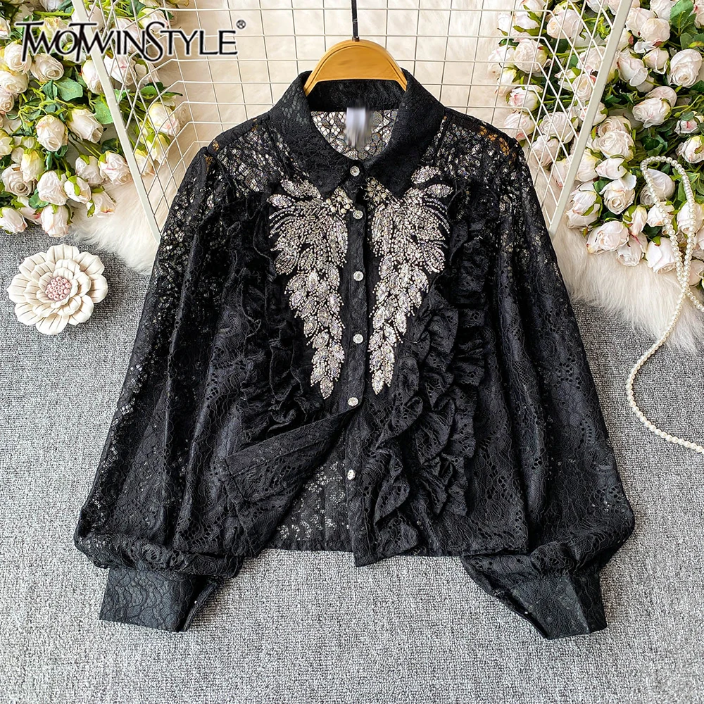 

TWOTWINSTYLE Temperament Slimming Solid Blouses For Women Lapel Long Sleeve Spring Designer Shirts Female Fashion New KBL545602